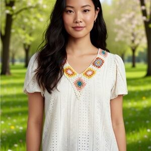 Amazon White Blouse with Colorful Embroidery